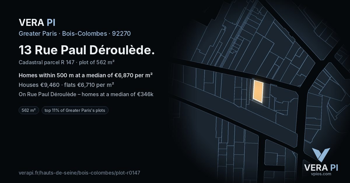 13 Rue Paul Déroulède, Bois-Colombes at night – the plot lit, the parcels around coloured by the prices near them