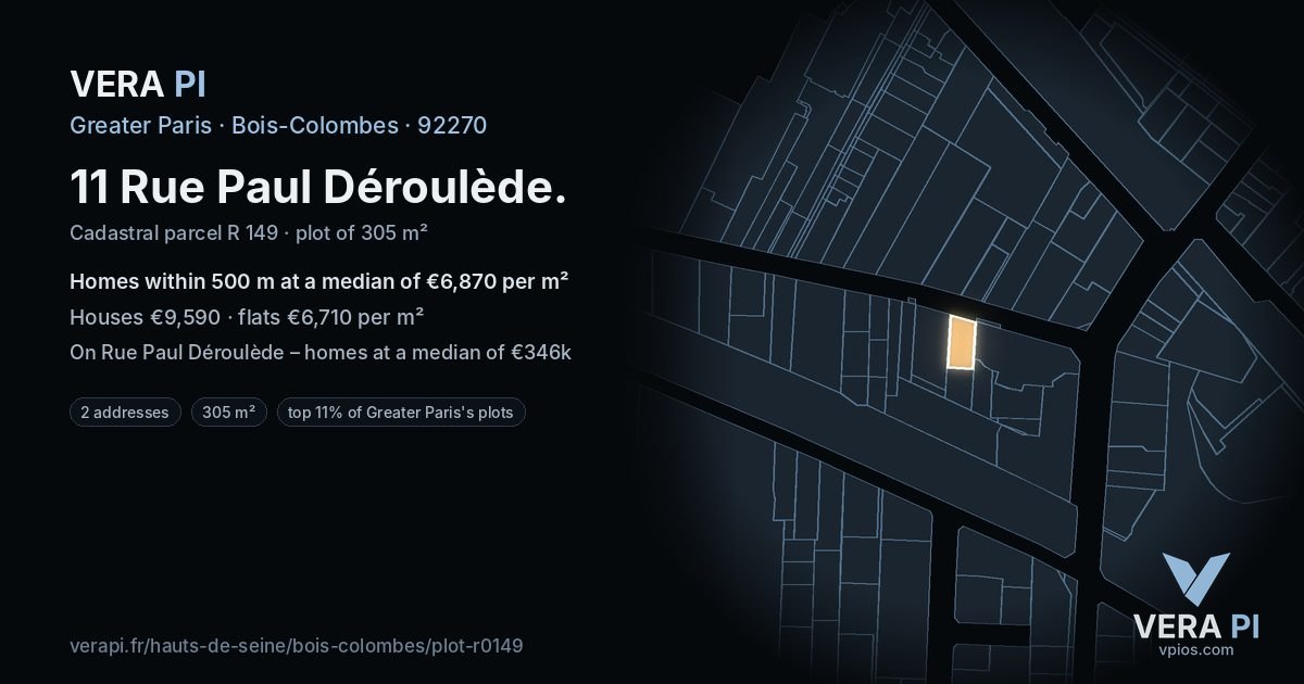 11 Rue Paul Déroulède, Bois-Colombes at night – the plot lit, the parcels around coloured by the prices near them
