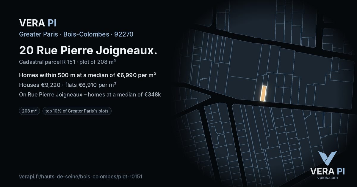 20 Rue Pierre Joigneaux, Bois-Colombes at night – the plot lit, the parcels around coloured by the prices near them