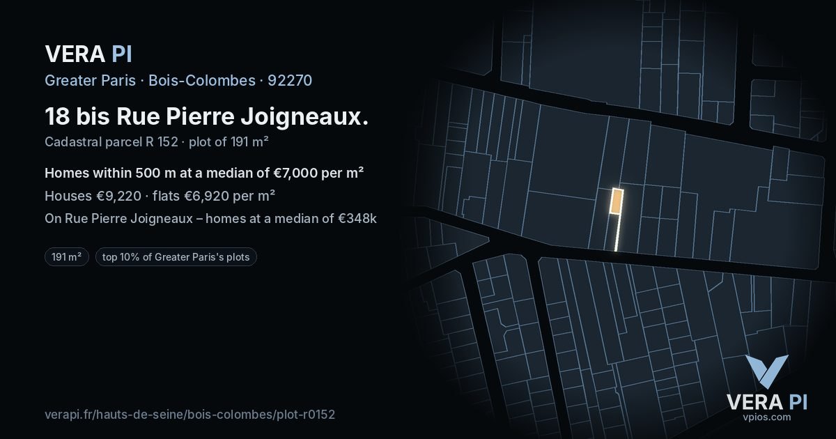 18 bis Rue Pierre Joigneaux, Bois-Colombes at night – the plot lit, the parcels around coloured by the prices near them