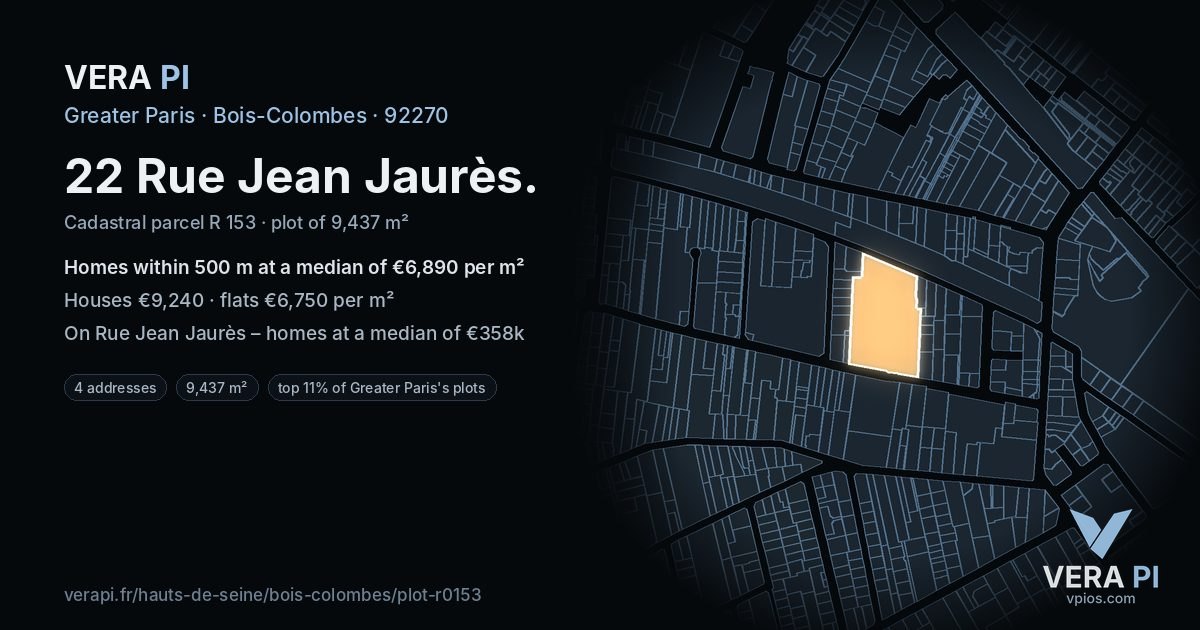 22 Rue Jean Jaurès, Bois-Colombes at night – the plot lit, the parcels around coloured by the prices near them