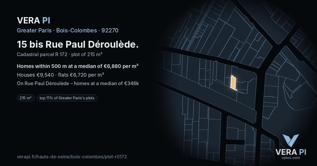 15 bis Rue Paul Déroulède, Bois-Colombes at night – the plot lit, the parcels around coloured by the prices near them
