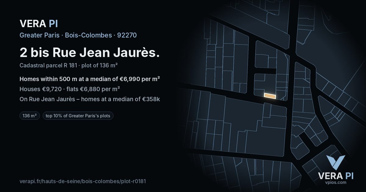 2 bis Rue Jean Jaurès, Bois-Colombes at night – the plot lit, the parcels around coloured by the prices near them