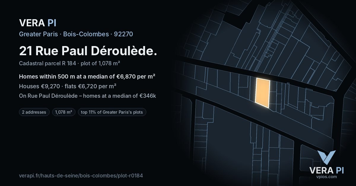 21 Rue Paul Déroulède, Bois-Colombes at night – the plot lit, the parcels around coloured by the prices near them