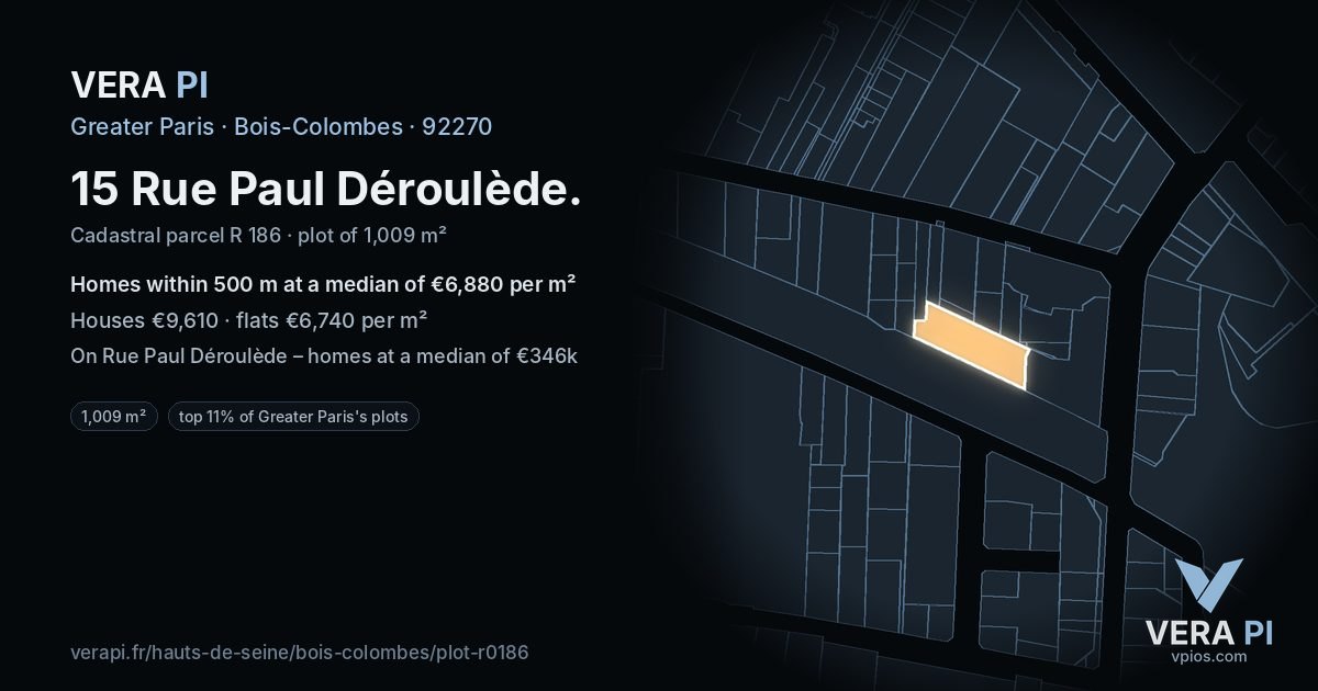 15 Rue Paul Déroulède, Bois-Colombes at night – the plot lit, the parcels around coloured by the prices near them