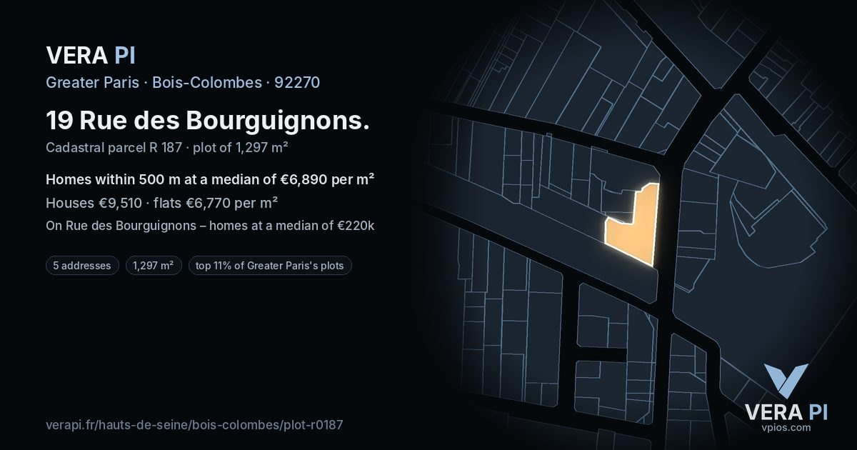 19 Rue des Bourguignons, Bois-Colombes at night – the plot lit, the parcels around coloured by the prices near them