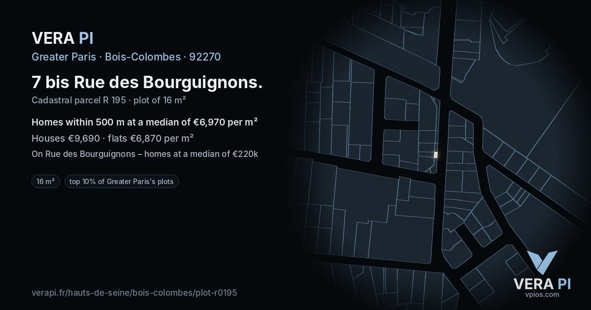 7 bis Rue des Bourguignons, Bois-Colombes at night – the plot lit, the parcels around coloured by the prices near them
