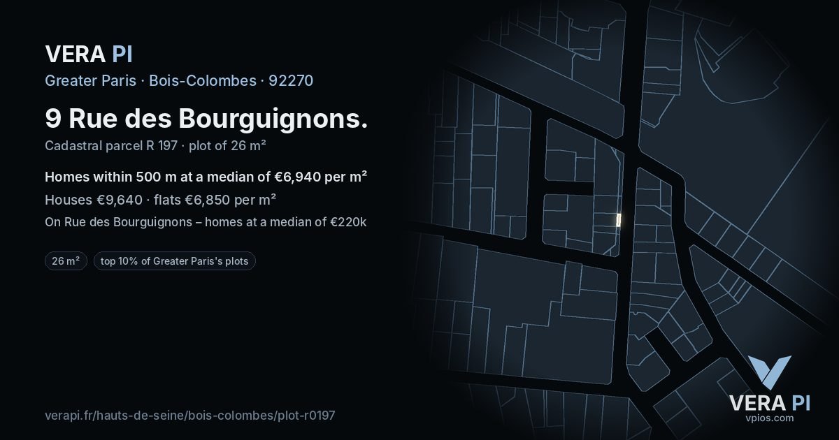 9 Rue des Bourguignons, Bois-Colombes at night – the plot lit, the parcels around coloured by the prices near them