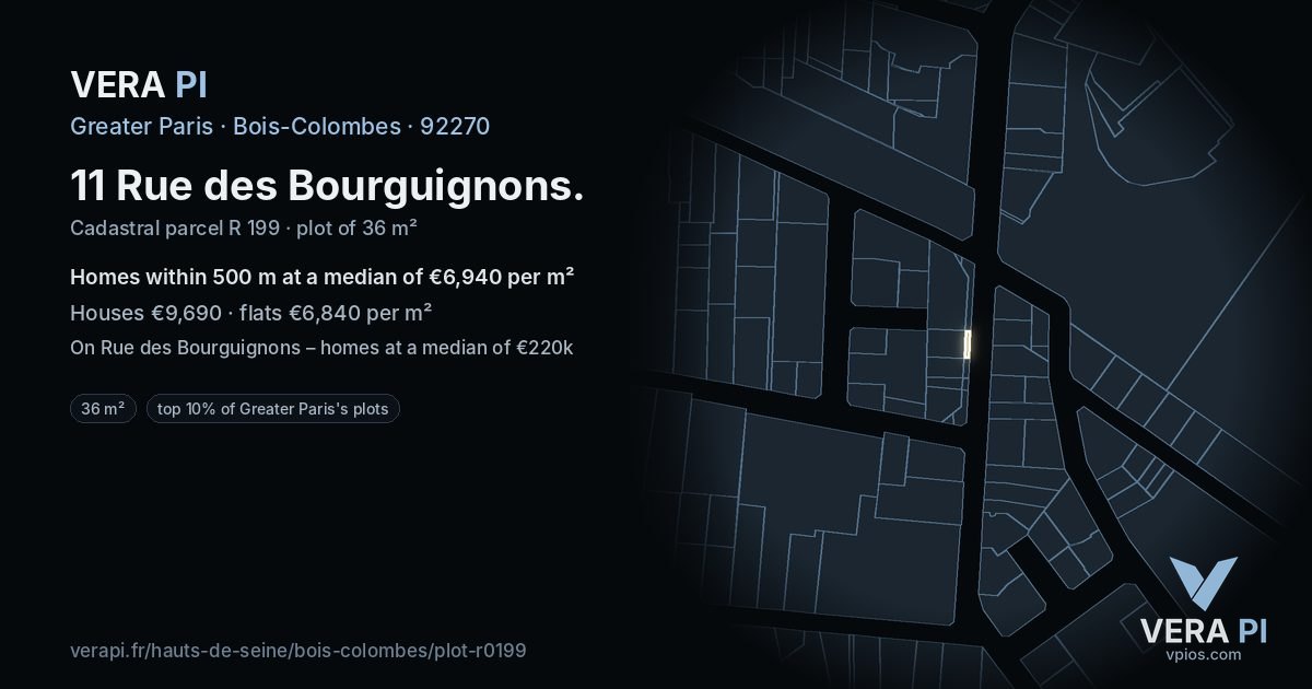 11 Rue des Bourguignons, Bois-Colombes at night – the plot lit, the parcels around coloured by the prices near them