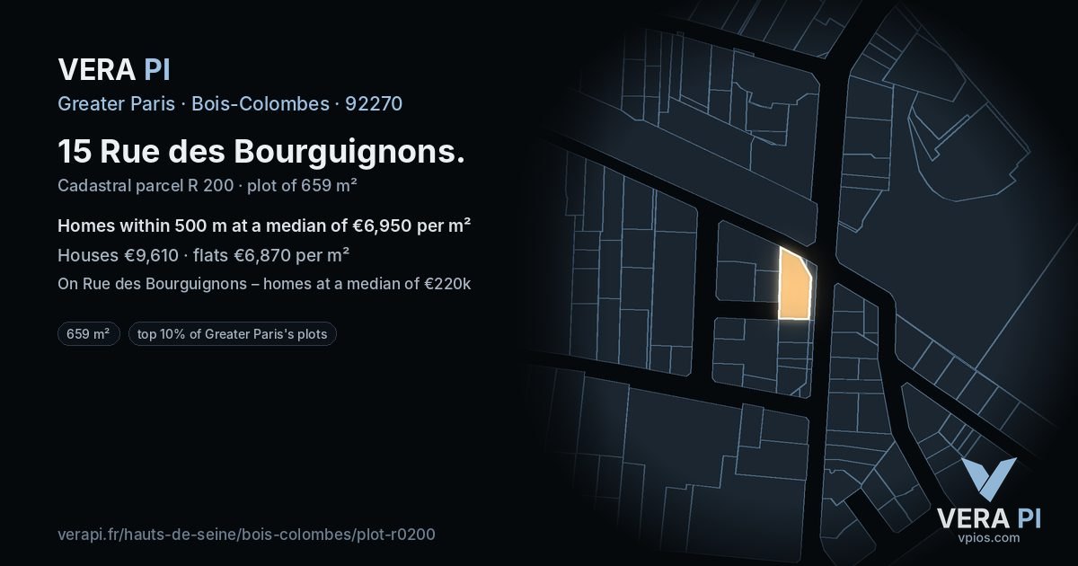 15 Rue des Bourguignons, Bois-Colombes at night – the plot lit, the parcels around coloured by the prices near them