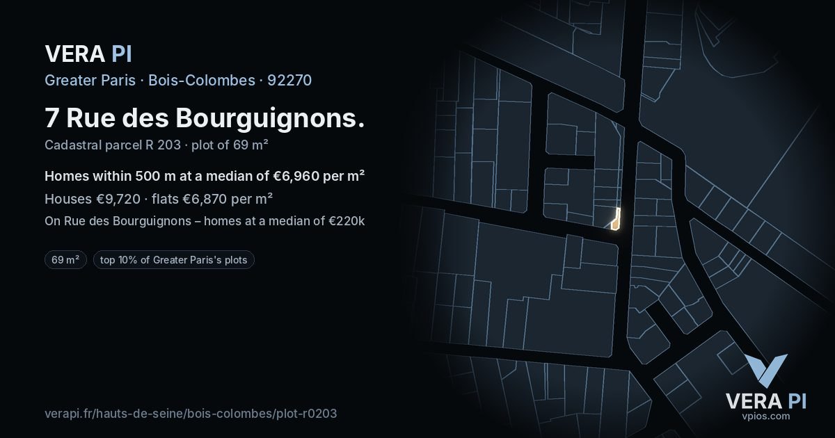 7 Rue des Bourguignons, Bois-Colombes at night – the plot lit, the parcels around coloured by the prices near them