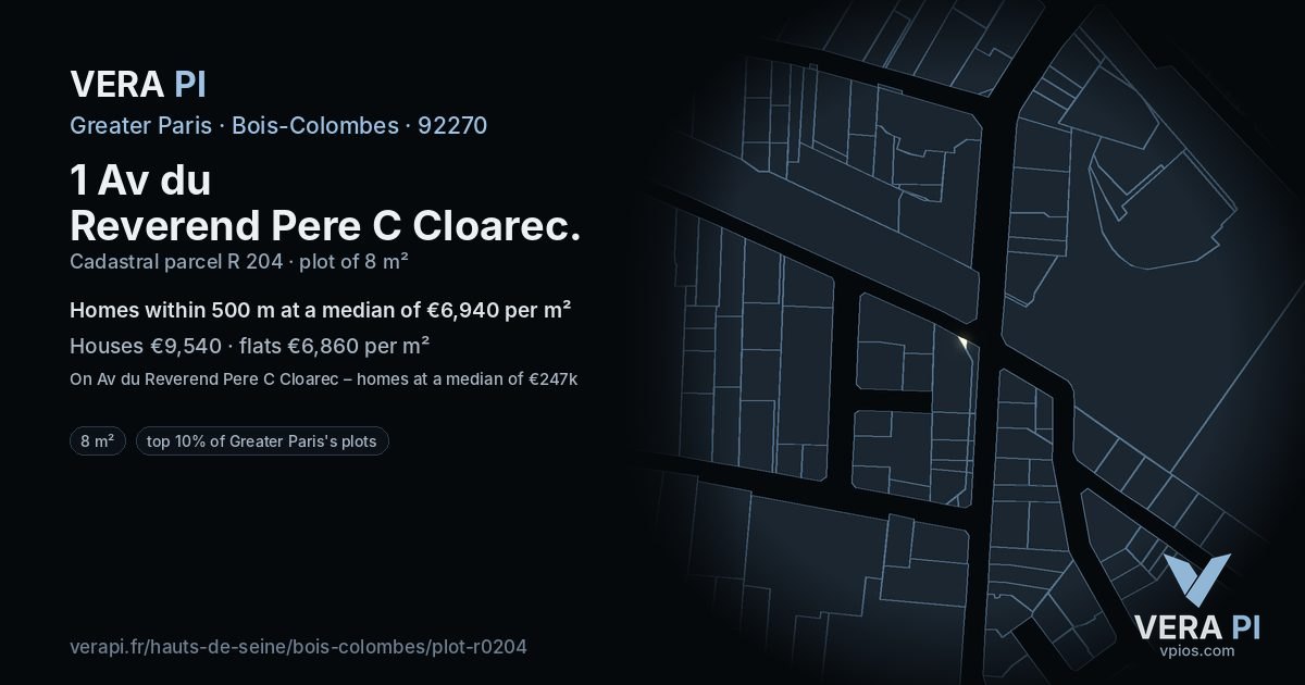 1 Av du Reverend Pere C Cloarec, Bois-Colombes at night – the plot lit, the parcels around coloured by the prices near them