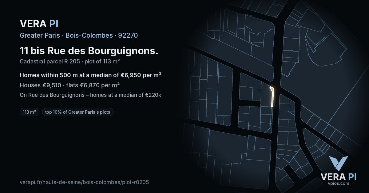 11 bis Rue des Bourguignons, Bois-Colombes at night – the plot lit, the parcels around coloured by the prices near them