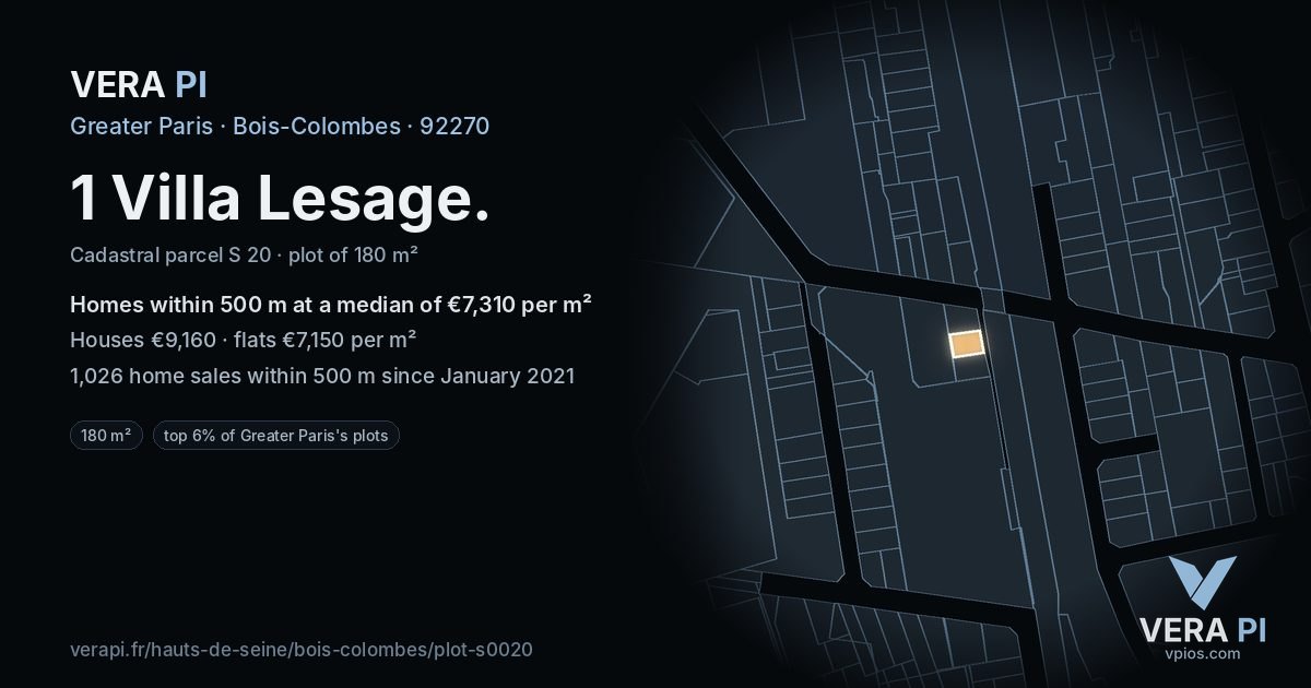 1 Villa Lesage, Bois-Colombes at night – the plot lit, the parcels around coloured by the prices near them