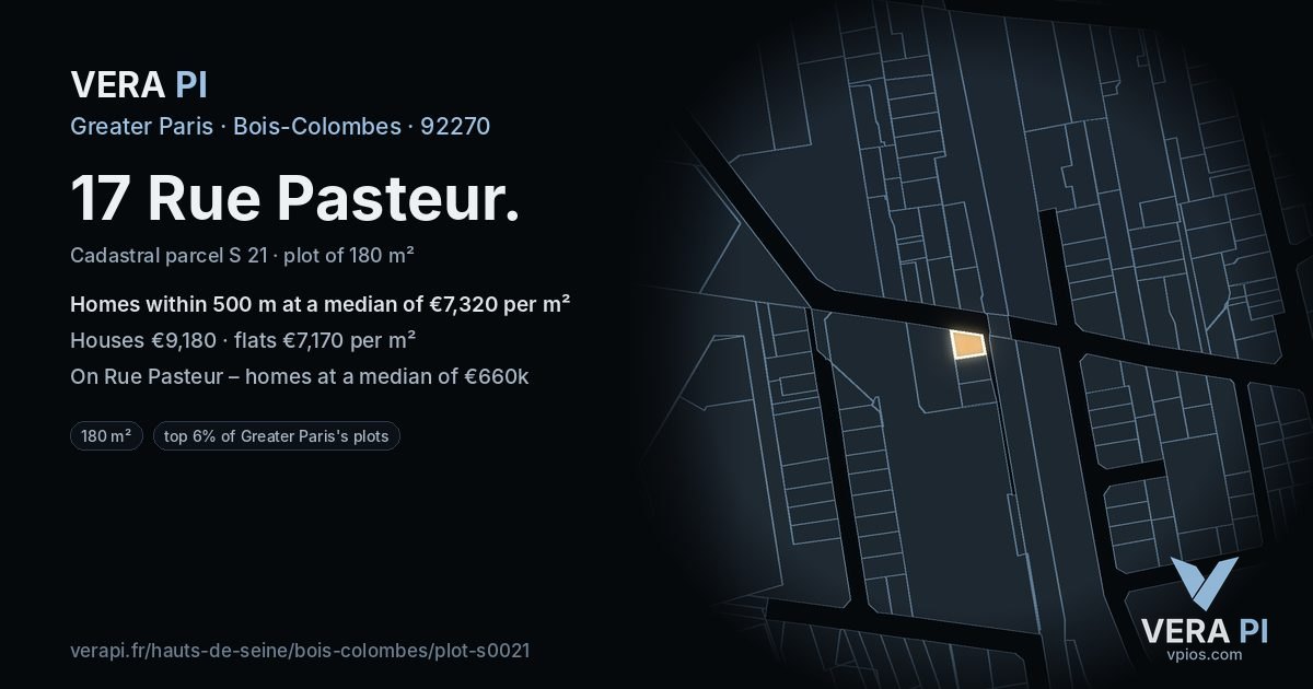 17 Rue Pasteur, Bois-Colombes at night – the plot lit, the parcels around coloured by the prices near them