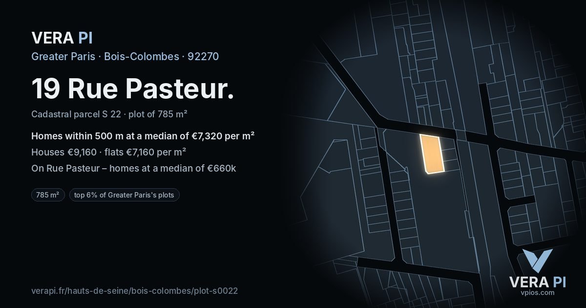 19 Rue Pasteur, Bois-Colombes at night – the plot lit, the parcels around coloured by the prices near them