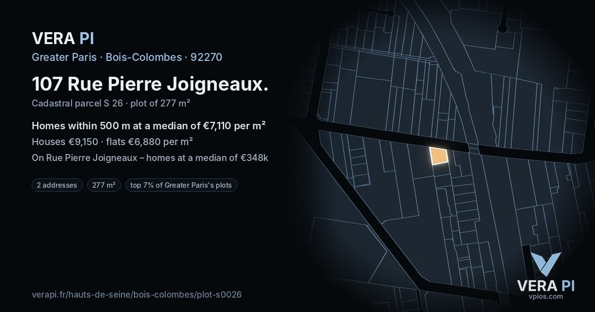 107 Rue Pierre Joigneaux, Bois-Colombes at night – the plot lit, the parcels around coloured by the prices near them