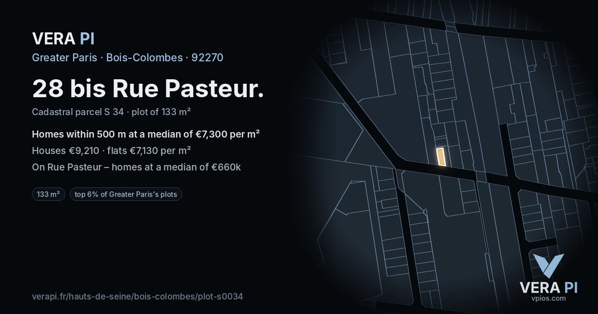 28 bis Rue Pasteur, Bois-Colombes at night – the plot lit, the parcels around coloured by the prices near them