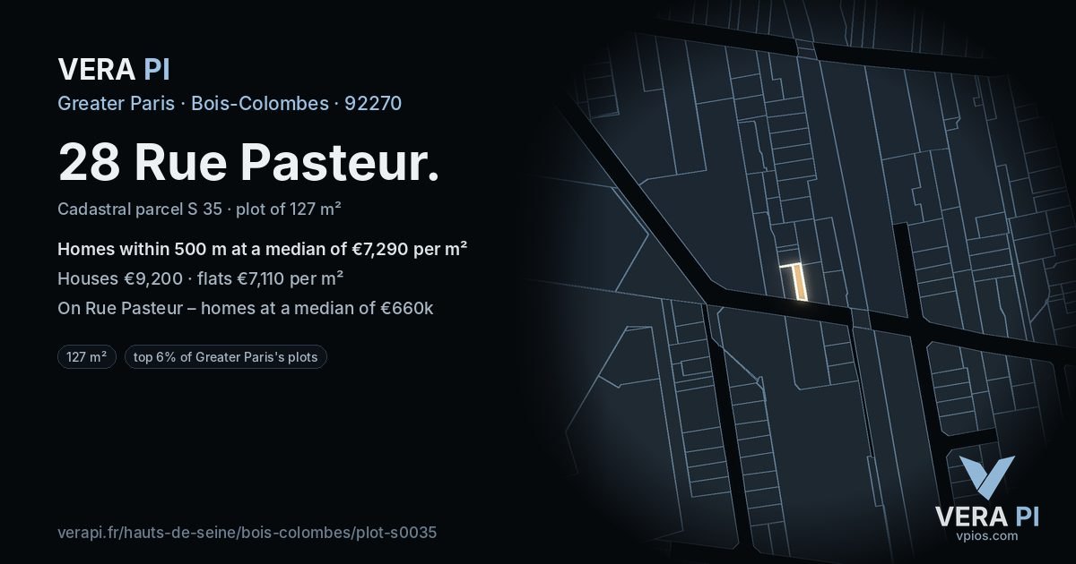 28 Rue Pasteur, Bois-Colombes at night – the plot lit, the parcels around coloured by the prices near them