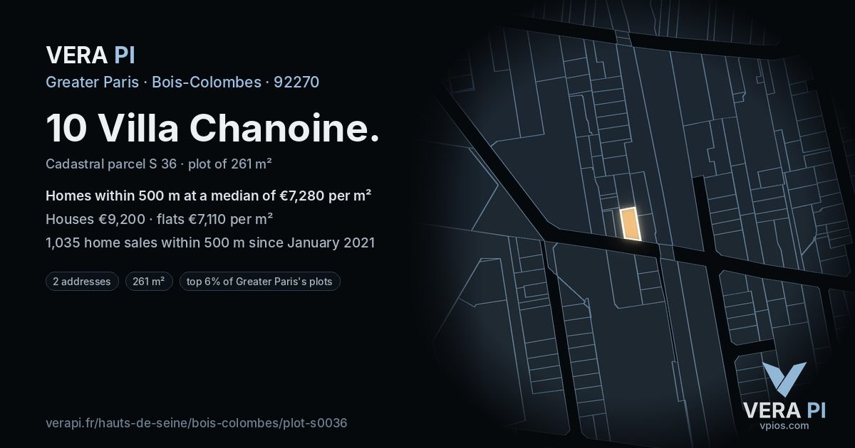 10 Villa Chanoine, Bois-Colombes at night – the plot lit, the parcels around coloured by the prices near them