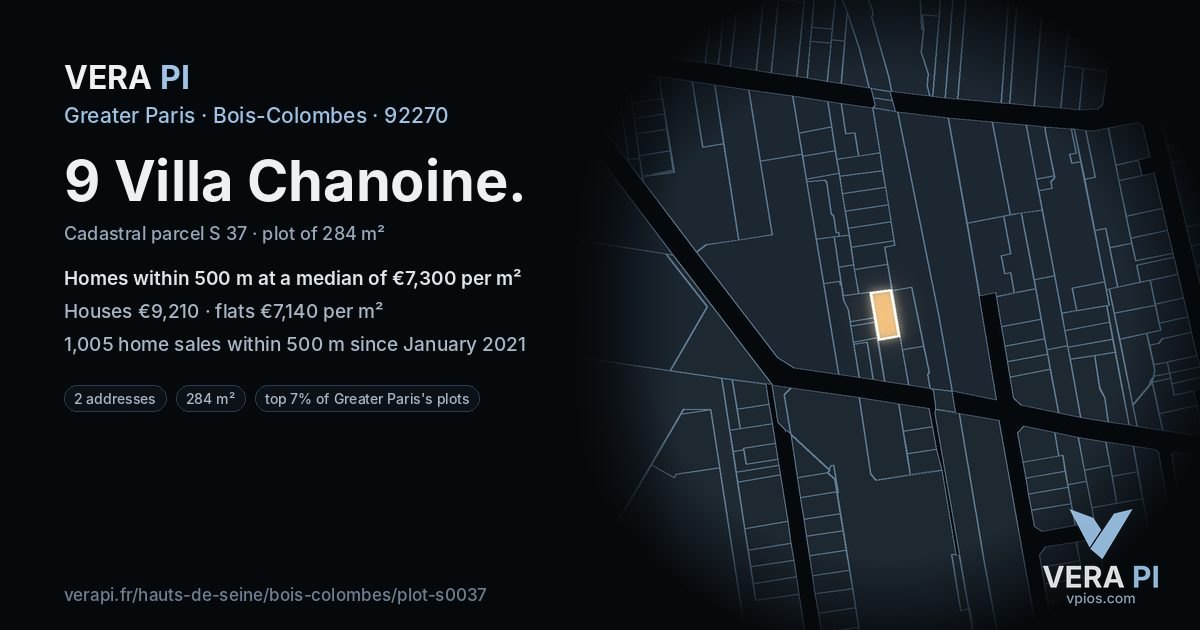 9 Villa Chanoine, Bois-Colombes at night – the plot lit, the parcels around coloured by the prices near them