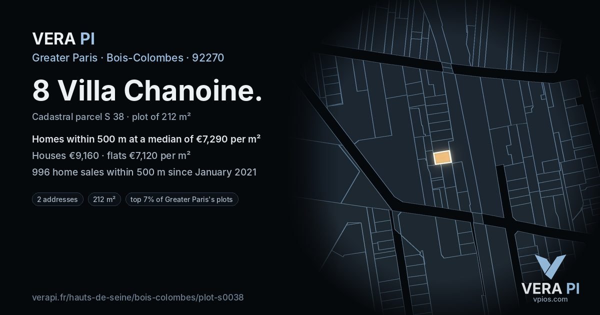 8 Villa Chanoine, Bois-Colombes at night – the plot lit, the parcels around coloured by the prices near them