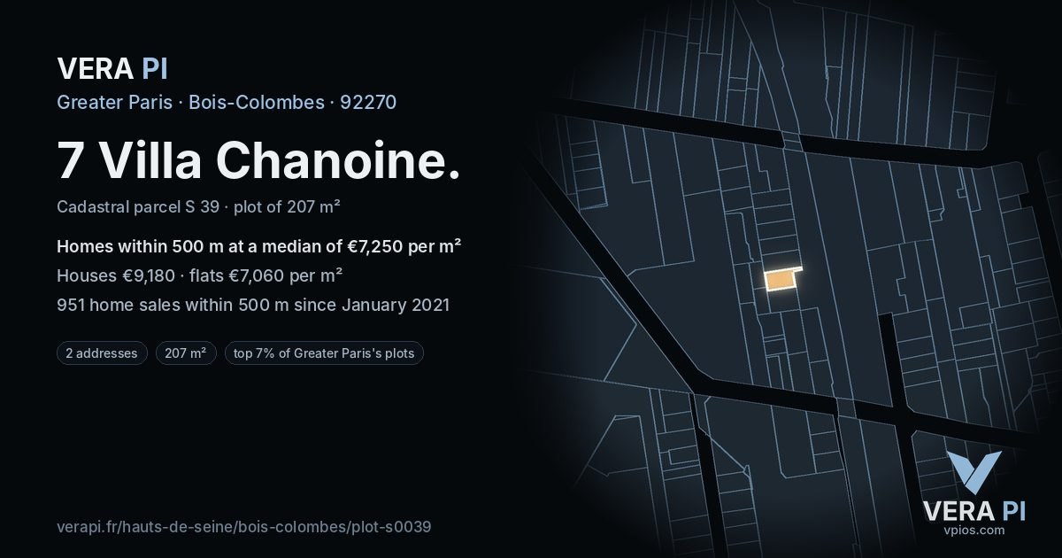 7 Villa Chanoine, Bois-Colombes at night – the plot lit, the parcels around coloured by the prices near them