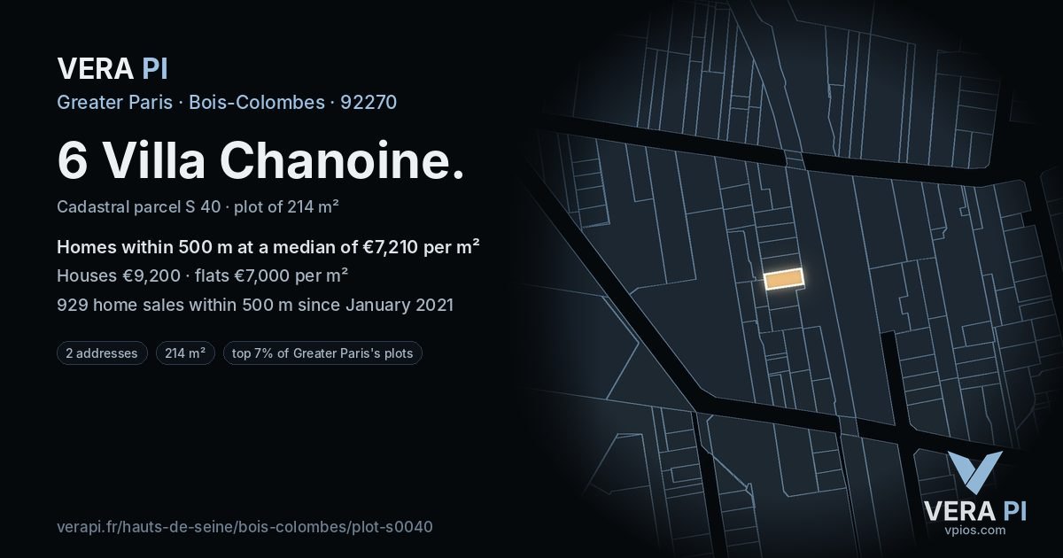 6 Villa Chanoine, Bois-Colombes at night – the plot lit, the parcels around coloured by the prices near them