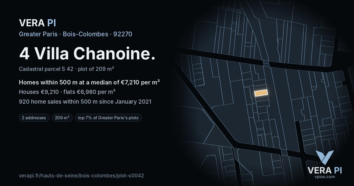 4 Villa Chanoine, Bois-Colombes at night – the plot lit, the parcels around coloured by the prices near them