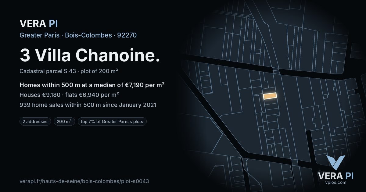 3 Villa Chanoine, Bois-Colombes at night – the plot lit, the parcels around coloured by the prices near them