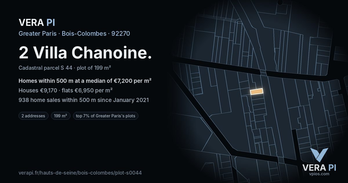 2 Villa Chanoine, Bois-Colombes at night – the plot lit, the parcels around coloured by the prices near them