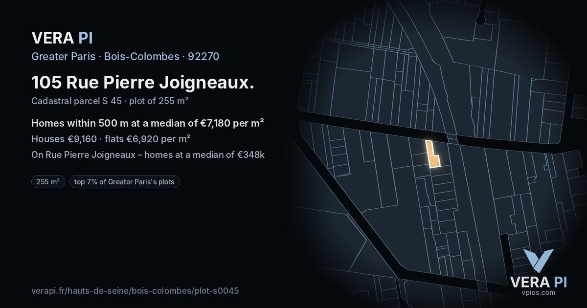 105 Rue Pierre Joigneaux, Bois-Colombes at night – the plot lit, the parcels around coloured by the prices near them