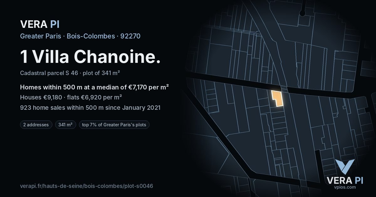 1 Villa Chanoine, Bois-Colombes at night – the plot lit, the parcels around coloured by the prices near them