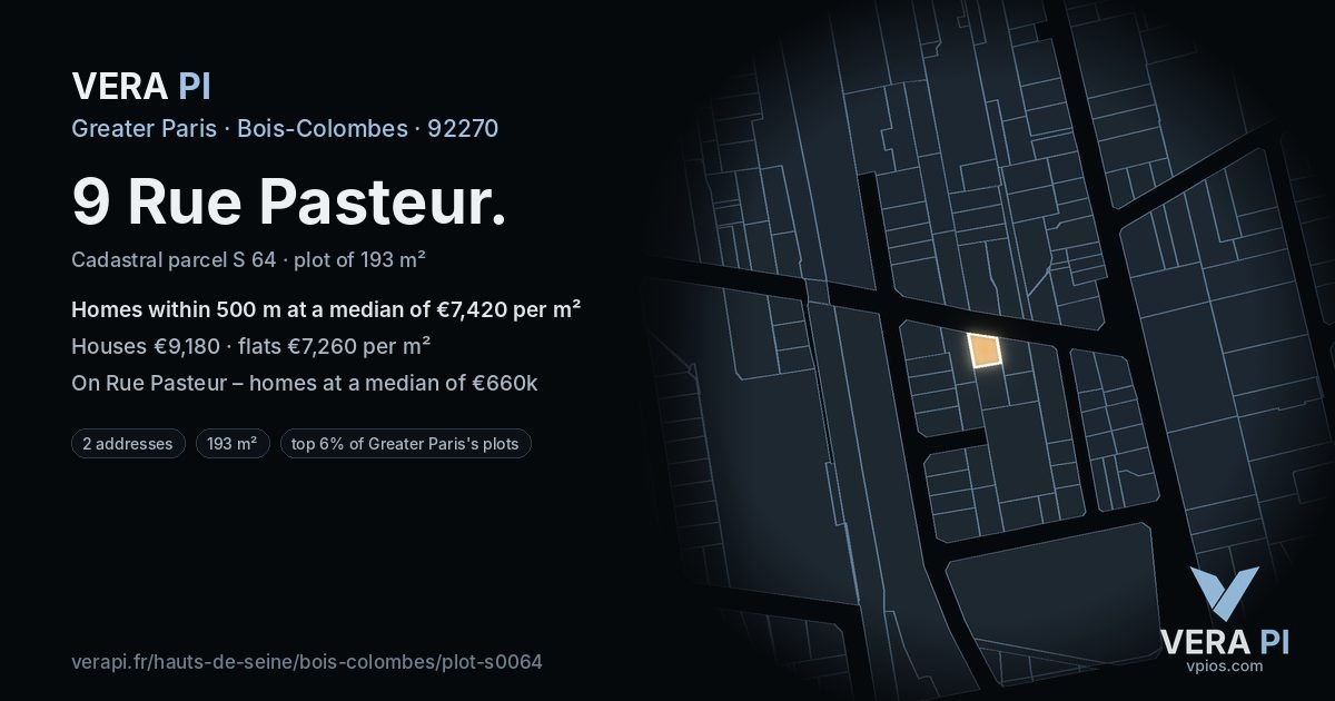 9 Rue Pasteur, Bois-Colombes at night – the plot lit, the parcels around coloured by the prices near them