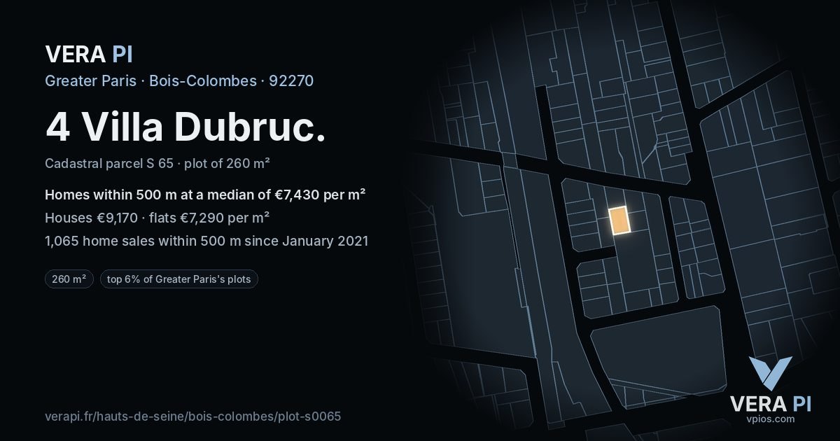 4 Villa Dubruc, Bois-Colombes at night – the plot lit, the parcels around coloured by the prices near them