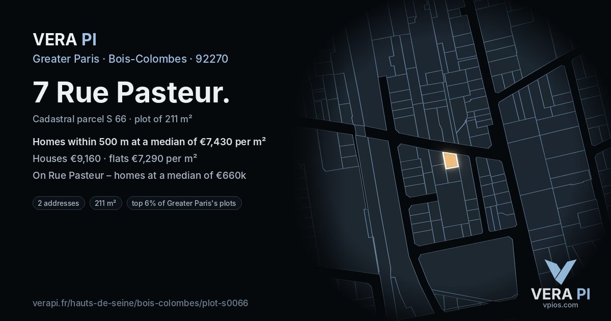 7 Rue Pasteur, Bois-Colombes at night – the plot lit, the parcels around coloured by the prices near them