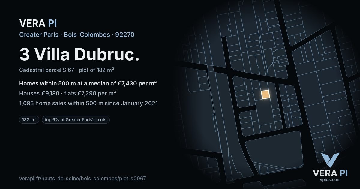 3 Villa Dubruc, Bois-Colombes at night – the plot lit, the parcels around coloured by the prices near them