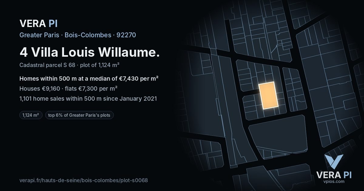 4 Villa Louis Willaume, Bois-Colombes at night – the plot lit, the parcels around coloured by the prices near them