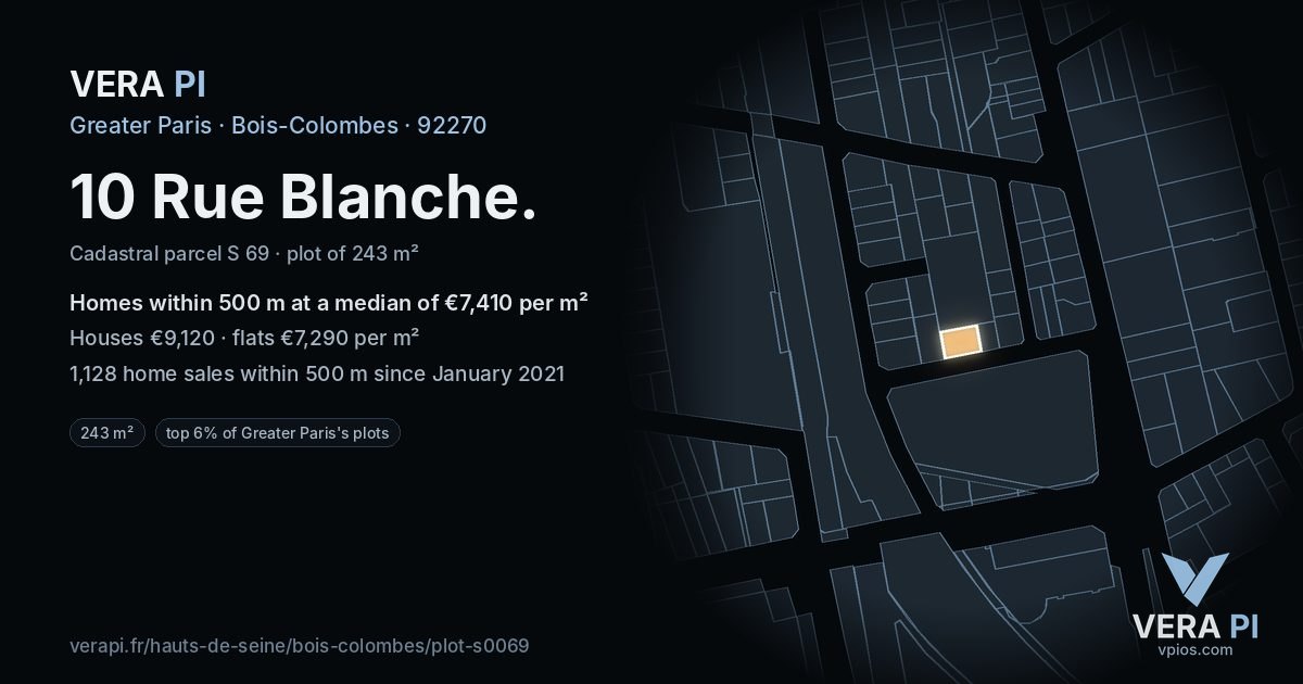 10 Rue Blanche, Bois-Colombes at night – the plot lit, the parcels around coloured by the prices near them