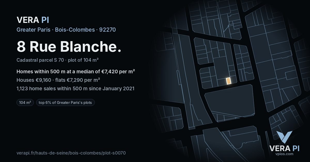 8 Rue Blanche, Bois-Colombes at night – the plot lit, the parcels around coloured by the prices near them