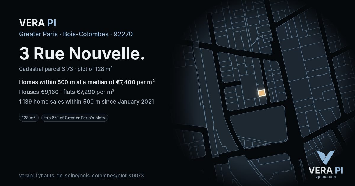 3 Rue Nouvelle, Bois-Colombes at night – the plot lit, the parcels around coloured by the prices near them