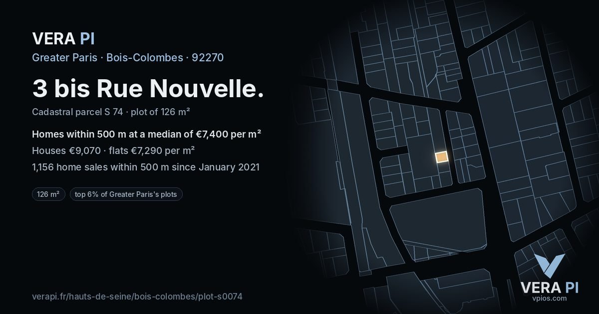 3 bis Rue Nouvelle, Bois-Colombes at night – the plot lit, the parcels around coloured by the prices near them