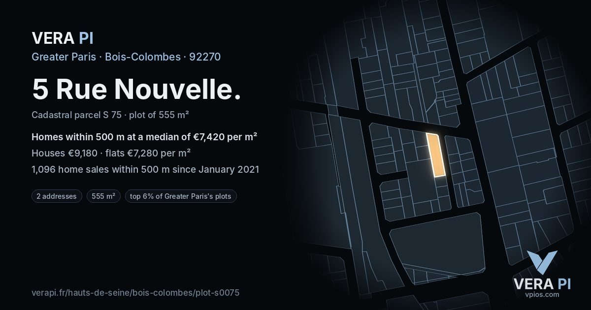 5 Rue Nouvelle, Bois-Colombes at night – the plot lit, the parcels around coloured by the prices near them