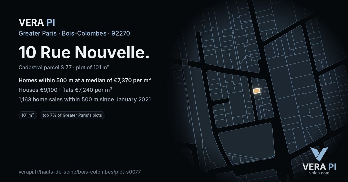 10 Rue Nouvelle, Bois-Colombes at night – the plot lit, the parcels around coloured by the prices near them