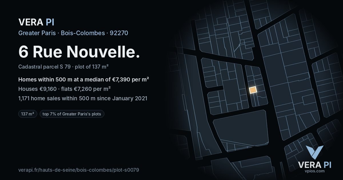 6 Rue Nouvelle, Bois-Colombes at night – the plot lit, the parcels around coloured by the prices near them