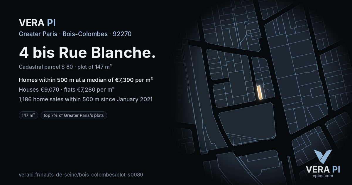 4 bis Rue Blanche, Bois-Colombes at night – the plot lit, the parcels around coloured by the prices near them