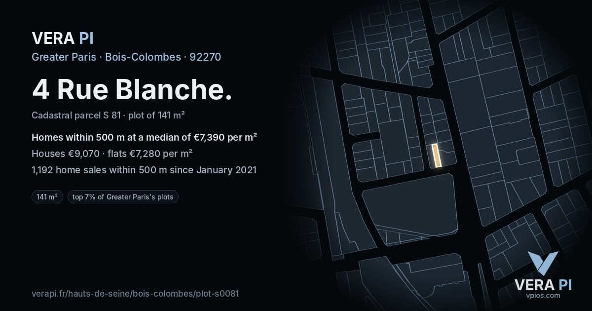 4 Rue Blanche, Bois-Colombes at night – the plot lit, the parcels around coloured by the prices near them