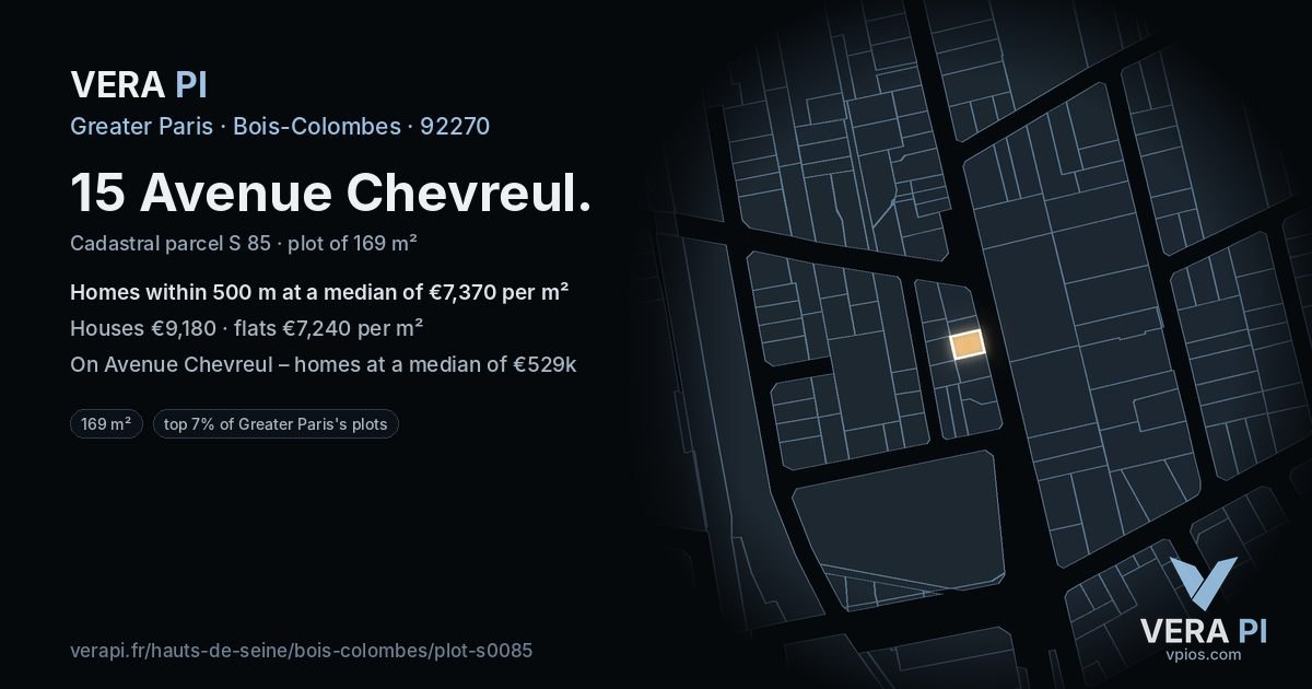15 Avenue Chevreul, Bois-Colombes at night – the plot lit, the parcels around coloured by the prices near them