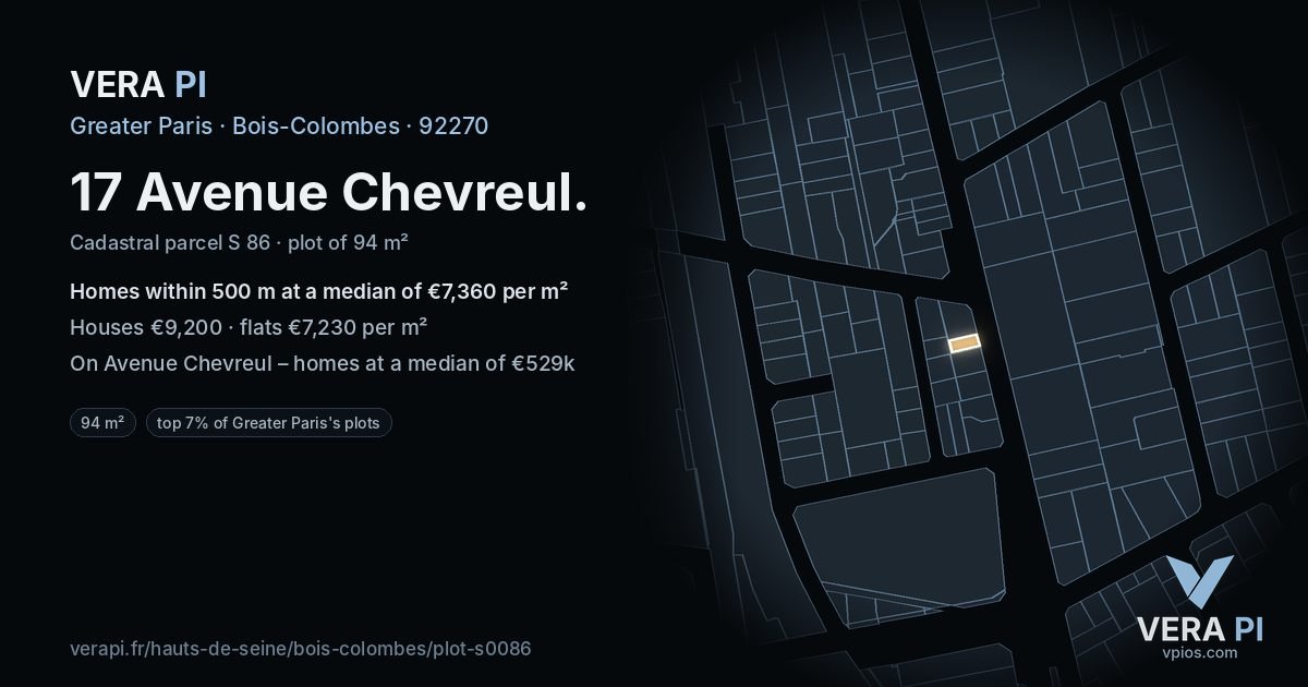 17 Avenue Chevreul, Bois-Colombes at night – the plot lit, the parcels around coloured by the prices near them