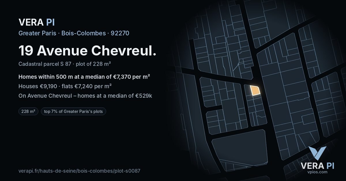 19 Avenue Chevreul, Bois-Colombes at night – the plot lit, the parcels around coloured by the prices near them